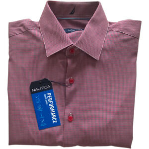 Nautica Dress Shirt Men's 14-14.5 32/33 Performance Slim Fit Red/Navy Ck NEW